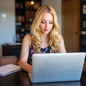 a woman sitting at a table looking at a laptop